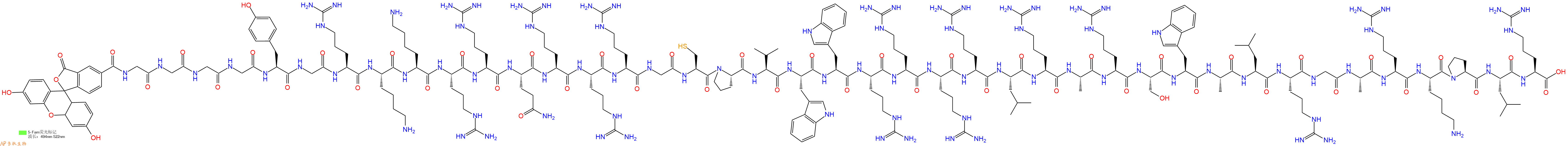 专肽生物产品5FAM-Gly-Gly-Gly-Gly-Tyr-Gly-Arg-Lys-Lys-Arg-Arg-Gln-Arg-Arg-Arg-Gly-Cys-Pro-Val-Trp-Trp-Arg-Arg-Arg-Arg-Leu-Arg-Ala-Arg-Ser-Trp-Ala-Leu-Arg-Gly-Ala-Arg-Lys-Pro-Leu-Arg-OH
