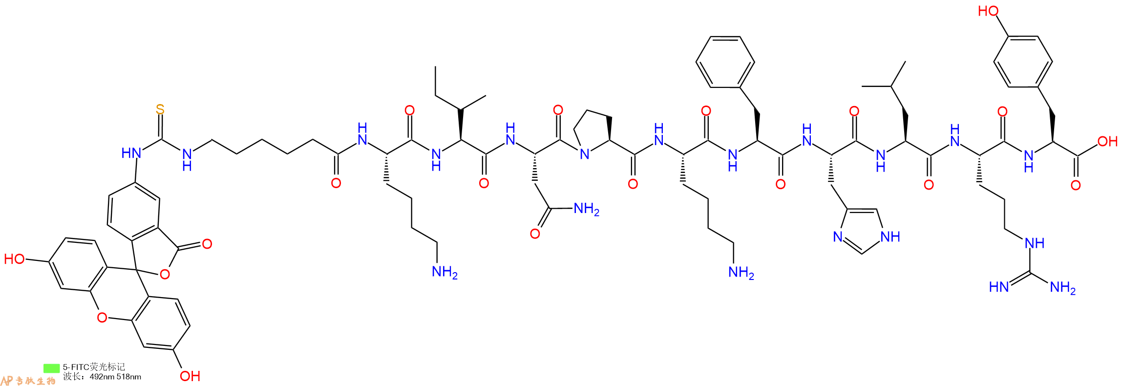 专肽生物产品5FITC-Ahx-Lys-Ile-Asn-Pro-Lys-Phe-His-Leu-Arg-Tyr-OH