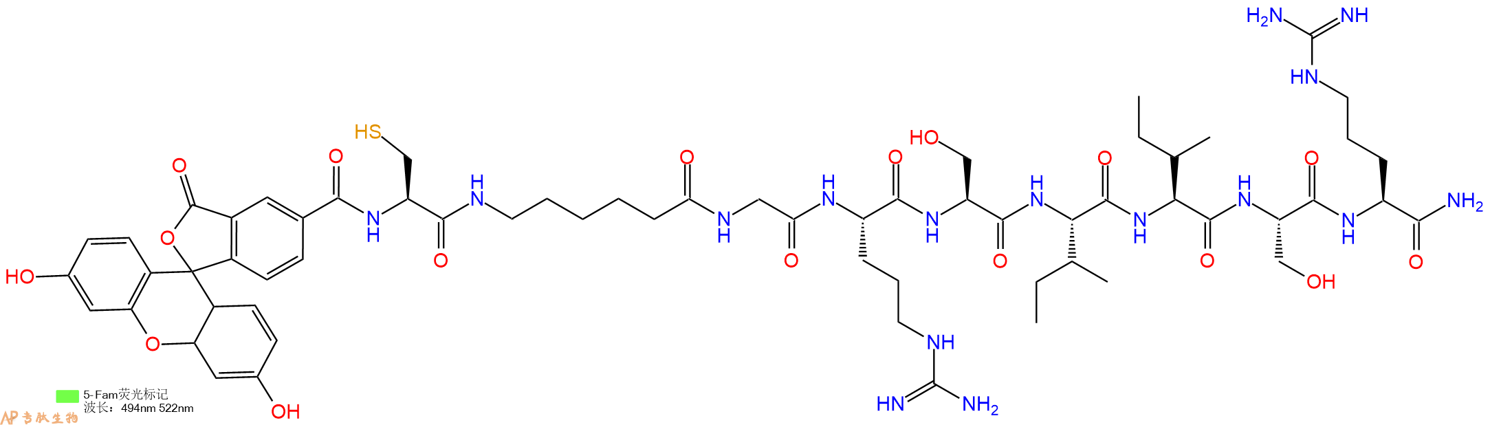 专肽生物产品5FAM-Cys-Ahx-Gly-Arg-Ser-Ile-Ile-Ser-Arg-CONH2