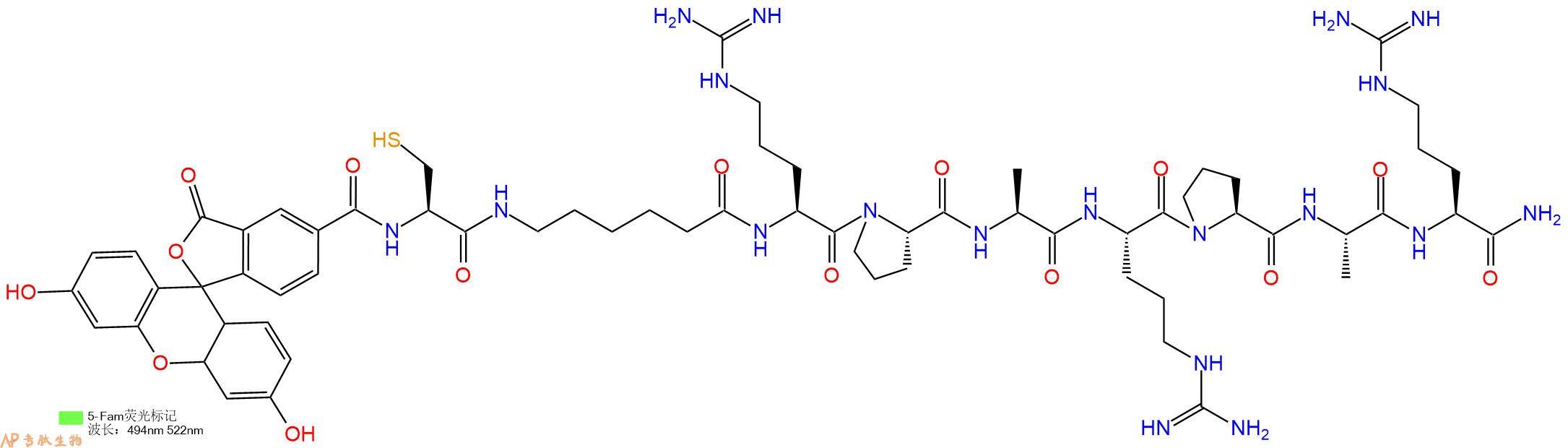 专肽生物产品5FAM-Cys-Ahx-Arg-Pro-Ala-Arg-Pro-Ala-Arg-CONH2