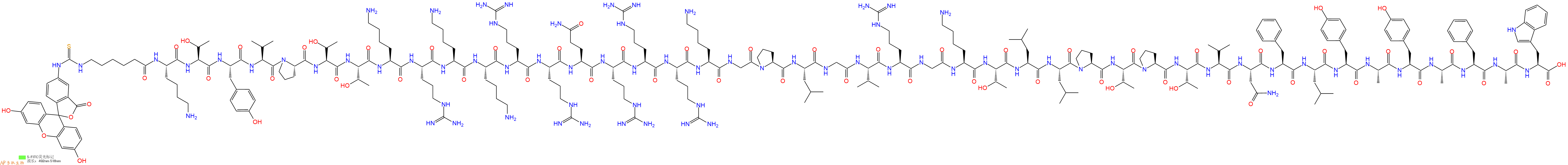 专肽生物产品5FITC-Ahx-Lys-Thr-Tyr-Val-Pro-Thr-Thr-Lys-Arg-Lys-Lys-Arg-Arg-Gln-Arg-Arg-Arg-Lys-Gly-Pro-Leu-Gly-Val-Arg-Gly-Lys-Thr-Leu-Leu-Pro-Thr-Pro-Thr-Val-Asn-Phe-Leu-Tyr-Ala-Tyr-Ala-Phe-Ala-Trp-OH
