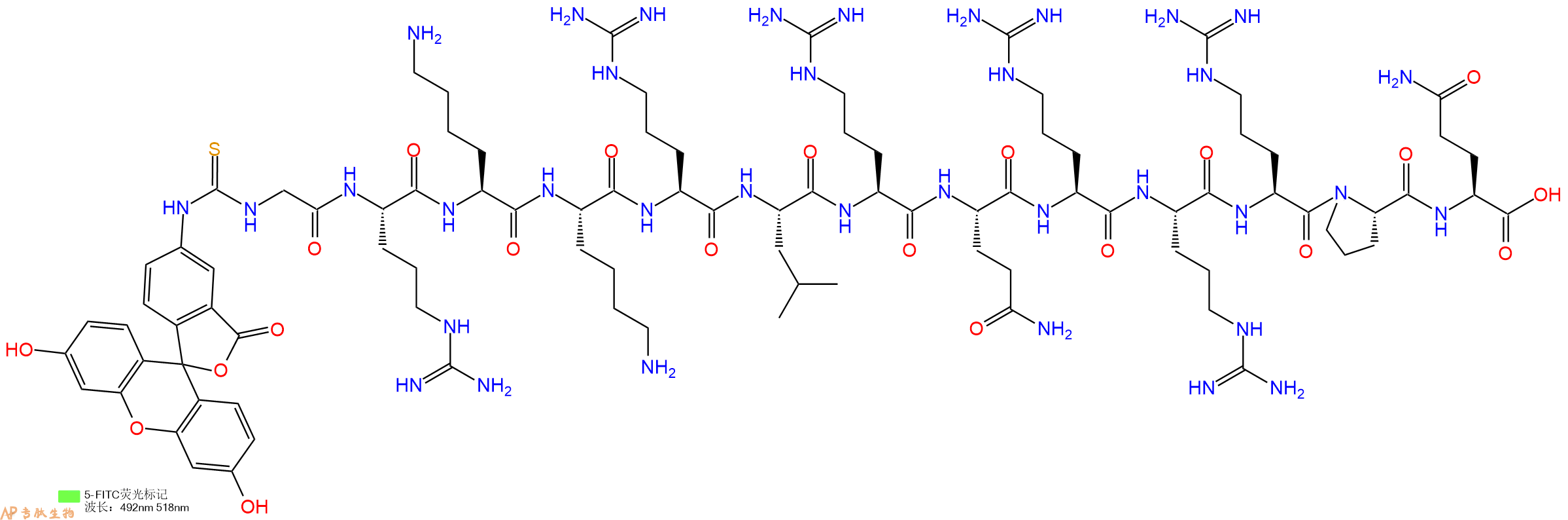 专肽生物产品5FITC-Gly-Arg-Lys-Lys-Arg-Leu-Arg-Gln-Arg-Arg-Arg-Pro-Gln-OH