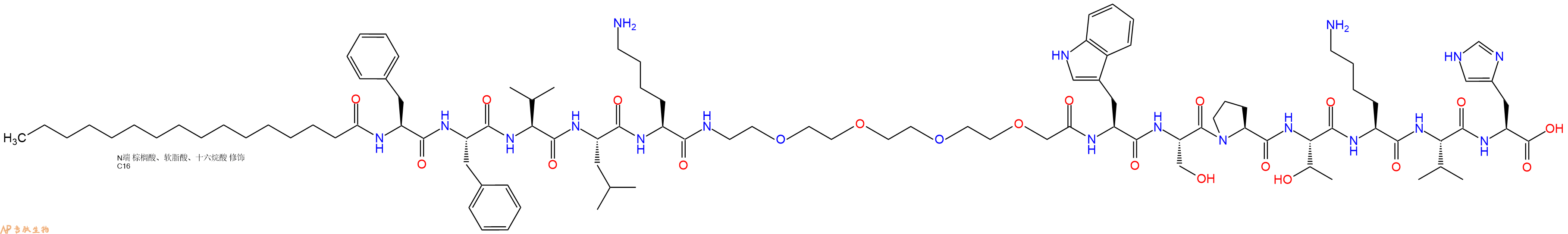 专肽生物产品Palmiticacid-Phe-Phe-Val-Leu-Lys-PEG4-Trp-Ser-Pro-Thr-Lys-Val-His