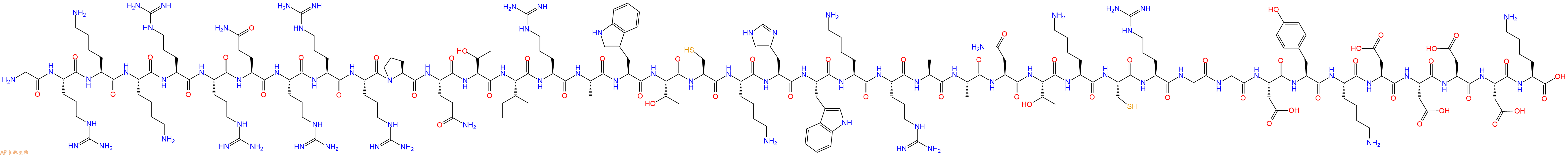 专肽生物产品H2N-Gly-Arg-Lys-Lys-Arg-Arg-Gln-Arg-Arg-Arg-Pro-Gln-Thr-Ile-Arg-Ala-Trp-Thr-Cys-Lys-His-Trp-Lys-Arg-Ala-Ala-Asn-Thr-Lys-Cys-Arg-Gly-Gly-Asp-Tyr-Lys-Asp-Asp-Asp-Asp-Lys-OH
