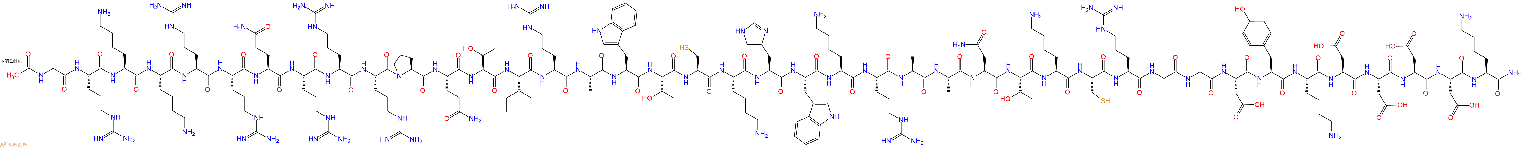 专肽生物产品Ac-Gly-Arg-Lys-Lys-Arg-Arg-Gln-Arg-Arg-Arg-Pro-Gln-Thr-Ile-Arg-Ala-Trp-Thr-Cys-Lys-His-Trp-Lys-Arg-Ala-Ala-Asn-Thr-Lys-Cys-Arg-Gly-Gly-Asp-Tyr-Lys-Asp-Asp-Asp-Asp-Lys-CONH2