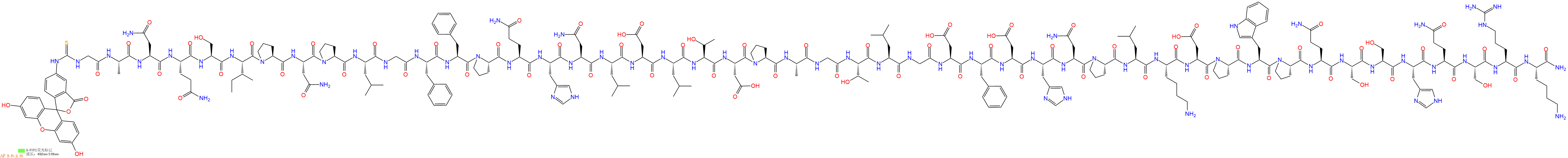 专肽生物产品5FITC-Gly-Ala-Asn-Gln-Ser-Ile-Pro-Asn-Pro-Leu-Gly-Phe-Phe-Pro-Gln-His-Asn-Leu-Asp-Leu-Thr-Asp-Pro-Ala-Gly-Thr-Leu-Gly-Asp-Phe-Asp-His-Asn-Pro-Leu-Lys-Asp-Pro-Trp-Pro-Gln-Ser-Ser-His-Gln-Ser-Arg-Lys-CONH2