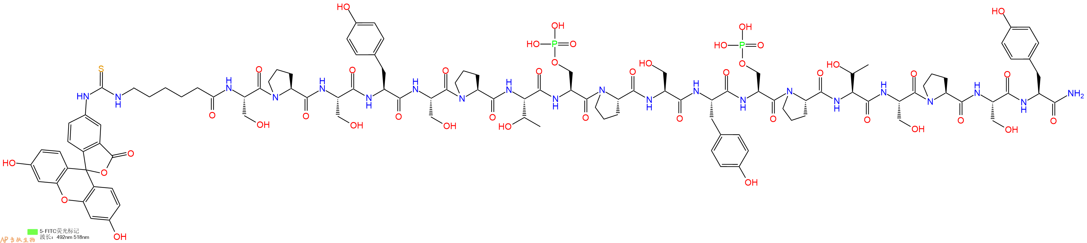 专肽生物产品5FITC-Ahx-Ser-Pro-Ser-Tyr-Ser-Pro-Thr-Ser(PO3H2)-Pro-Ser-Tyr-Ser(PO3H2)-Pro-Thr-Ser-Pro-Ser-Tyr-CONH2