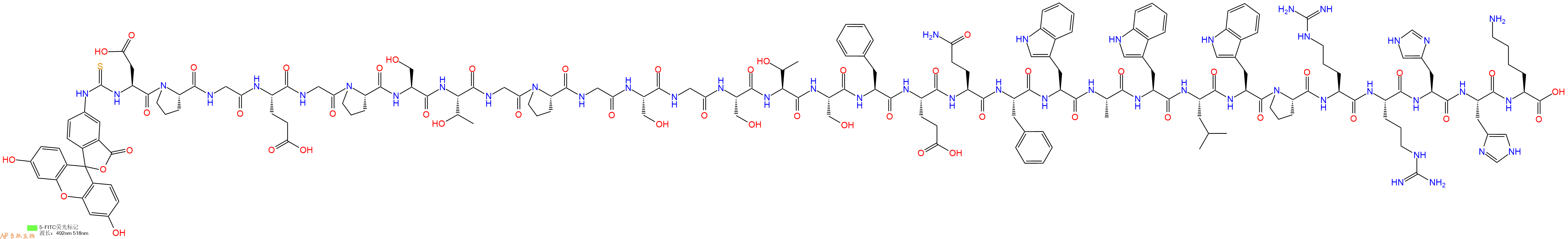 专肽生物产品5FITC-Asp-Pro-Gly-Glu-Gly-Pro-Ser-Thr-Gly-Pro-Gly-Ser-Gly-Ser-Thr-Ser-Phe-Glu-Gln-Phe-Trp-Ala-Trp-Leu-Trp-Pro-Arg-Arg-His-His-Lys-OH