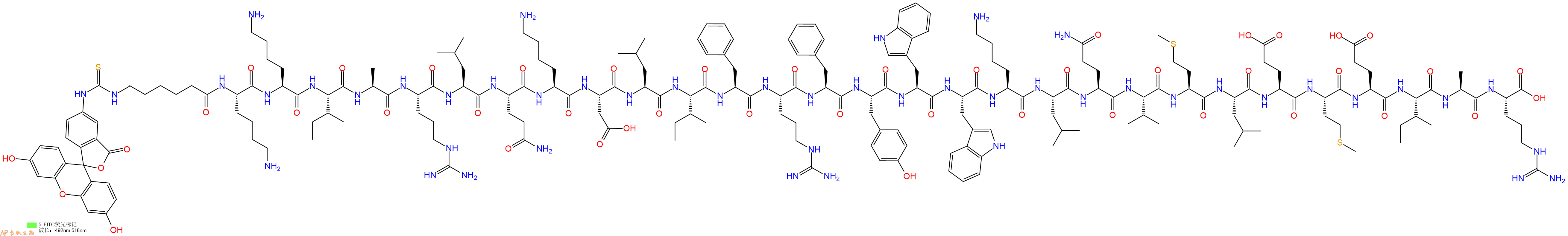 专肽生物产品5FITC-Ahx-Lys-Lys-Ile-Ala-Arg-Leu-Gln-Lys-Asp-Leu-Ile-Phe-Arg-Phe-Tyr-Trp-Trp-Lys-Leu-Gln-Val-Met-Leu-Glu-Met-Glu-Ile-Ala-Arg-OH