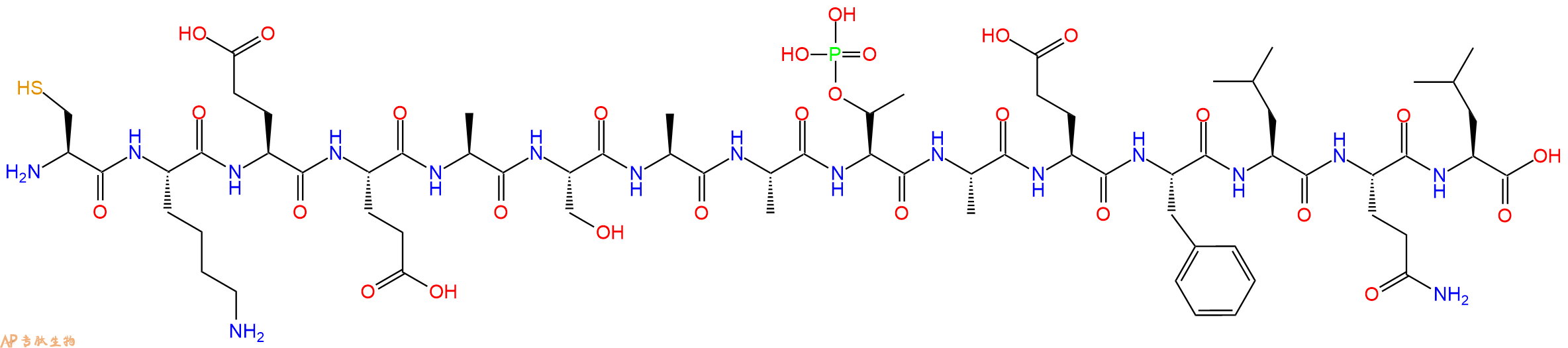 专肽生物产品H2N-Cys-Lys-Glu-Glu-Ala-Ser-Ala-Ala-pThr-Ala-Glu-Phe-Leu-Gln-Leu-OH