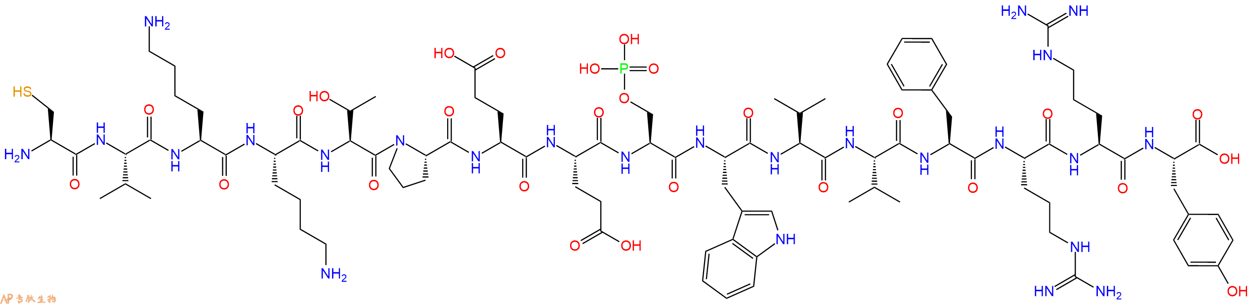 专肽生物产品H2N-Cys-Val-Lys-Lys-Thr-Pro-Glu-Glu-Ser(PO3H2)-Trp-Val-Val-Phe-Arg-Arg-Tyr-OH