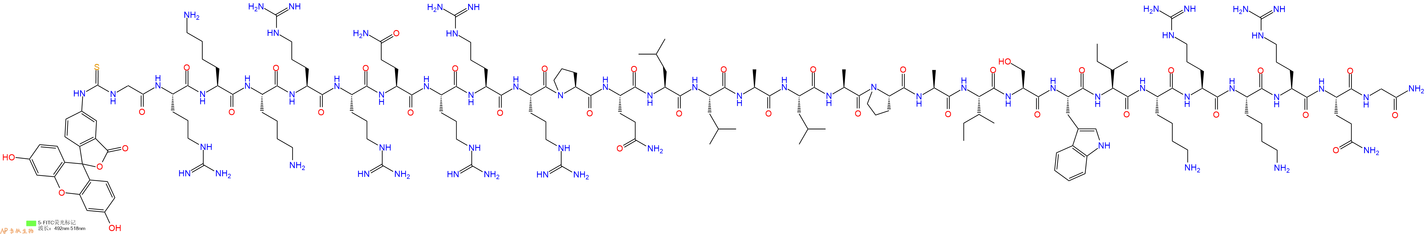 专肽生物产品5FITC-Gly-Arg-Lys-Lys-Arg-Arg-Gln-Arg-Arg-Arg-Pro-Gln-Leu-Leu-Ala-Leu-Ala-Pro-Ala-Ile-Ser-Trp-Ile-Lys-Arg-Lys-Arg-Gln-Gly-CONH2