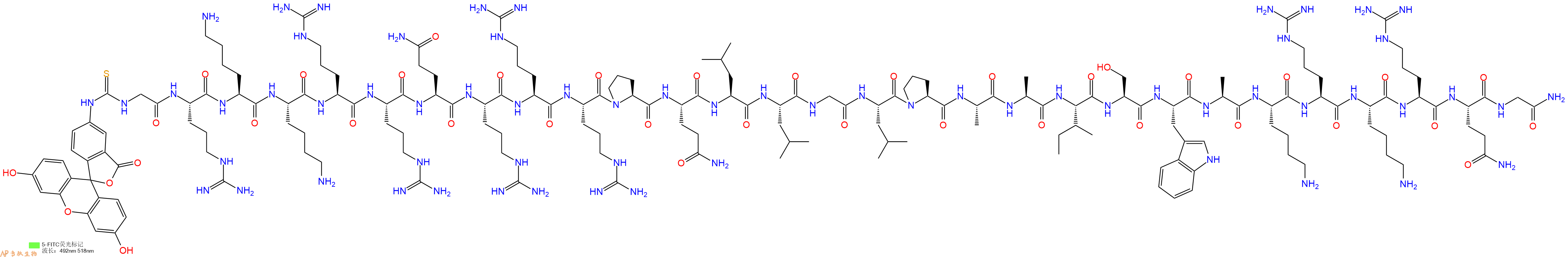 专肽生物产品5FITC-Gly-Arg-Lys-Lys-Arg-Arg-Gln-Arg-Arg-Arg-Pro-Gln-Leu-Leu-Gly-Leu-Pro-Ala-Ala-Ile-Ser-Trp-Ala-Lys-Arg-Lys-Arg-Gln-Gly-CONH2