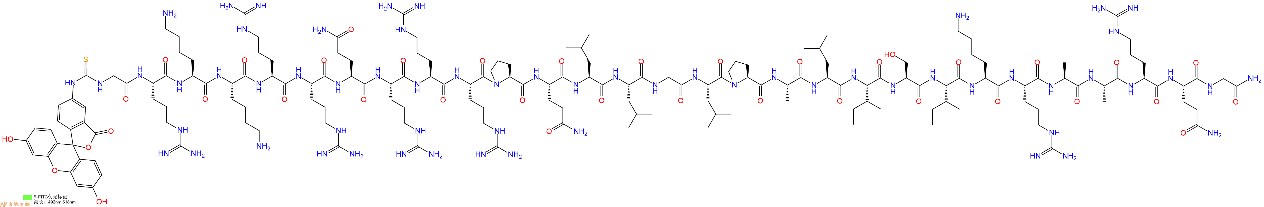 专肽生物产品5FITC-Gly-Arg-Lys-Lys-Arg-Arg-Gln-Arg-Arg-Arg-Pro-Gln-Leu-Leu-Gly-Leu-Pro-Ala-Leu-Ile-Ser-Ile-Lys-Arg-Ala-Ala-Arg-Gln-Gly-CONH2