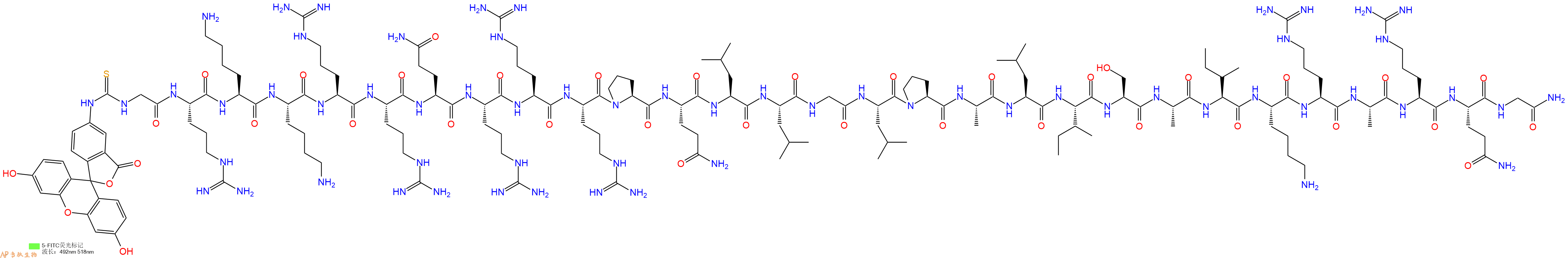 专肽生物产品5FITC-Gly-Arg-Lys-Lys-Arg-Arg-Gln-Arg-Arg-Arg-Pro-Gln-Leu-Leu-Gly-Leu-Pro-Ala-Leu-Ile-Ser-Ala-Ile-Lys-Arg-Ala-Arg-Gln-Gly-CONH2