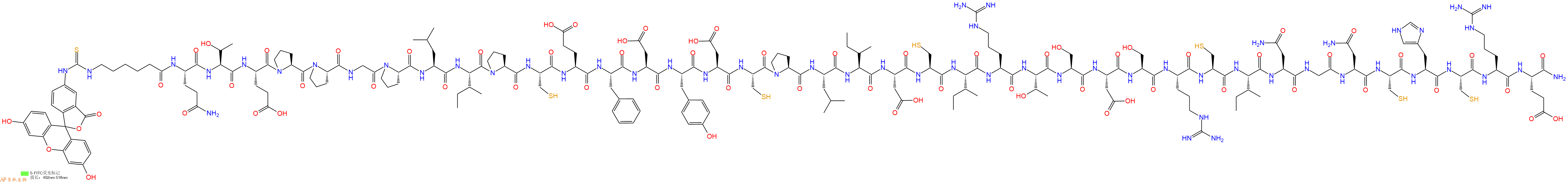 专肽生物产品5FITC-Ahx-Gln-Thr-Glu-Pro-Pro-Gly-Pro-Leu-Ile-Pro-Cys-Glu-Phe-Asp-Tyr-Asp-Cys-Pro-Leu-Ile-Asp-Cys-Ile-Arg-Thr-Ser-Asp-Ser-Arg-Cys-Ile-Asn-Gly-Asn-Cys-His-Cys-Arg-Glu-CONH2