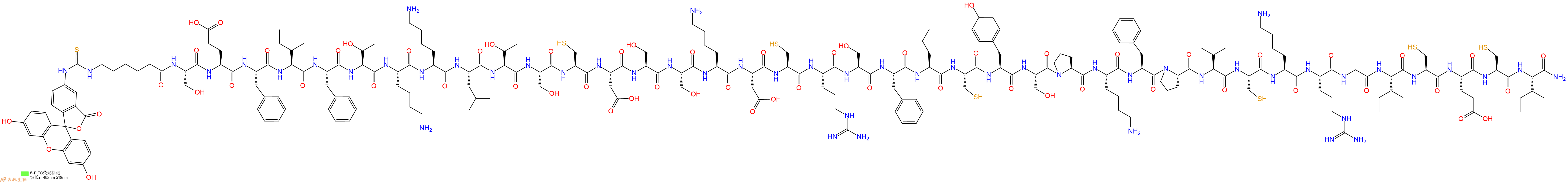 专肽生物产品5FITC-Ahx-Ser-Glu-Phe-Ile-Phe-Thr-Lys-Lys-Leu-Thr-Ser-Cys-Asp-Ser-Ser-Lys-Asp-Cys-Arg-Ser-Phe-Leu-Cys-Tyr-Ser-Pro-Lys-Phe-Pro-Val-Cys-Lys-Arg-Gly-Ile-Cys-Glu-Cys-Ile-CONH2