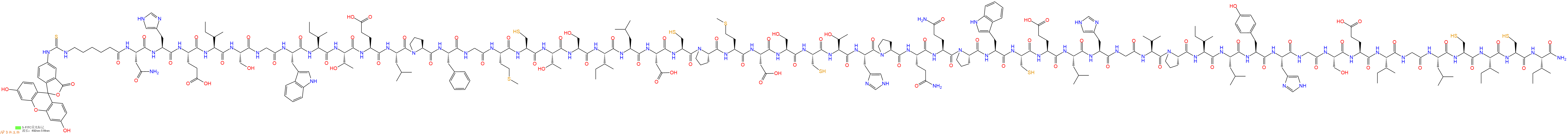 专肽生物产品5FITC-Ahx-Asn-His-Glu-Ile-Ser-Gly-Trp-Ile-Thr-Glu-Leu-Pro-Phe-Gly-Met-Cys-Thr-Ser-Ile-Leu-Asp-Cys-Pro-Met-Asp-Ser-Cys-Thr-His-Pro-Gln-Gln-Pro-Trp-Cys-Glu-Leu-His-Gly-Val-Pro-Ile-Leu-Tyr-His-Gly-Ser-Glu-Ile-Gly-Leu-Cys-Ile-Cys-Ile-CONH2