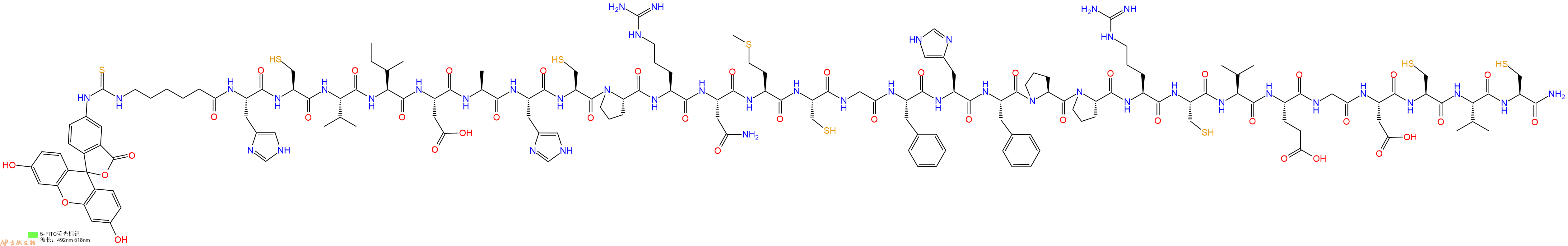 专肽生物产品5FITC-Ahx-His-Cys-Val-Ile-Asp-Ala-His-Cys-Pro-Arg-Asn-Met-Cys-Gly-Phe-His-Phe-Pro-Pro-Arg-Cys-Val-Glu-Gly-Asp-Cys-Val-Cys-CONH2