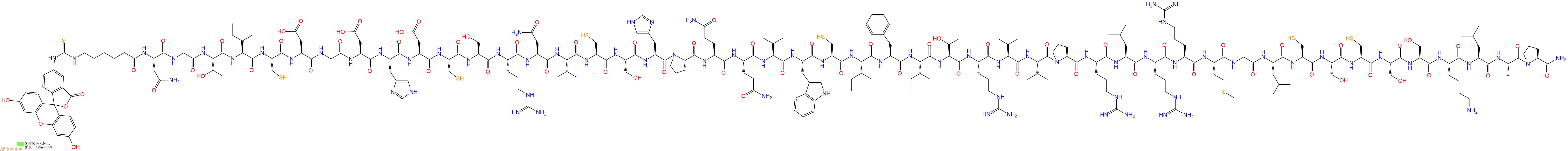 专肽生物产品5FITC-Ahx-Asn-Gly-Thr-Ile-Cys-Asp-Gly-Asp-His-Asp-Cys-Ser-Arg-Asn-Val-Cys-Ser-His-Pro-Gln-Gln-Val-Trp-Cys-Ile-Phe-Ile-Thr-Arg-Val-Val-Pro-Arg-Leu-Arg-Arg-Met-Gly-Leu-Cys-Ser-Cys-Ser-Ser-Lys-Leu-Ala-Pro-CONH2