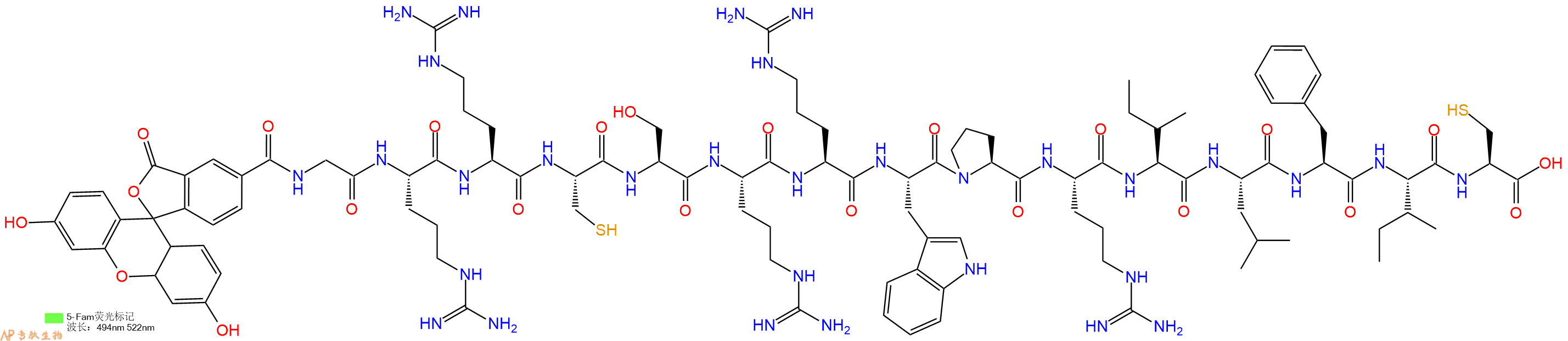 专肽生物产品5FAM-Gly-Arg-Arg-Cys-Ser-Arg-Arg-Trp-Pro-Arg-Ile-Leu-Phe-Ile-Cys-OH