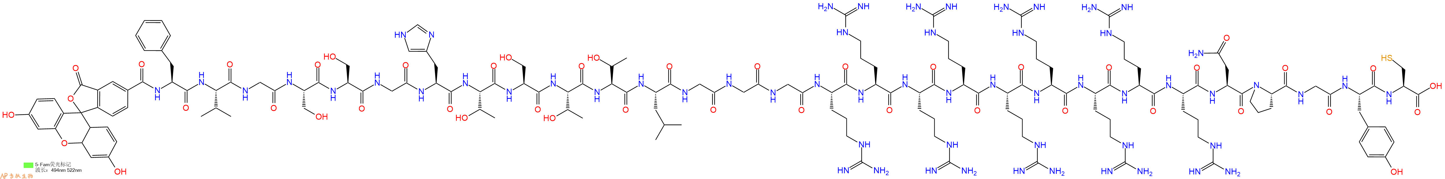 专肽生物产品5FAM-Phe-Val-Gly-Ser-Ser-Gly-His-Thr-Ser-Thr-Thr-Leu-Gly-Gly-Gly-Arg-Arg-Arg-Arg-Arg-Arg-Arg-Arg-Arg-Asn-Pro-Gly-Tyr-Cys-OH