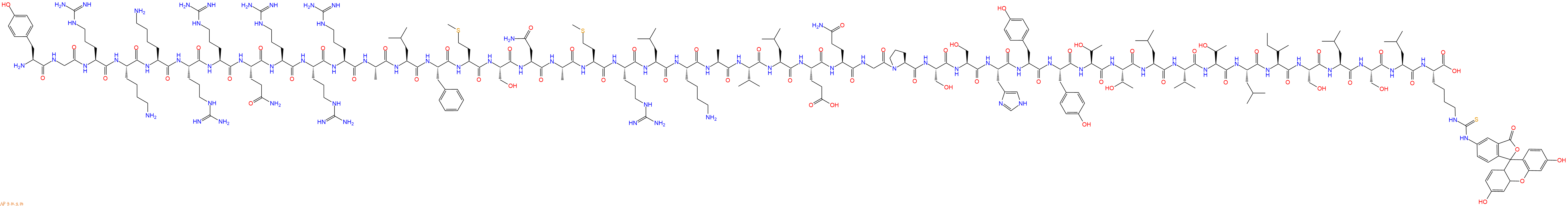 专肽生物产品H2N-Tyr-Gly-Arg-Lys-Lys-Arg-Arg-Gln-Arg-Arg-Arg-Ala-Leu-Phe-Met-Ser-Asn-Ala-Met-Arg-Leu-Lys-Ala-Val-Leu-Glu-Gln-Gly-Pro-Ser-Ser-His-Tyr-Tyr-Thr-Thr-Leu-Val-Thr-Leu-Ile-Ser-Leu-Ser-Leu-Lys(FITC)-OH
