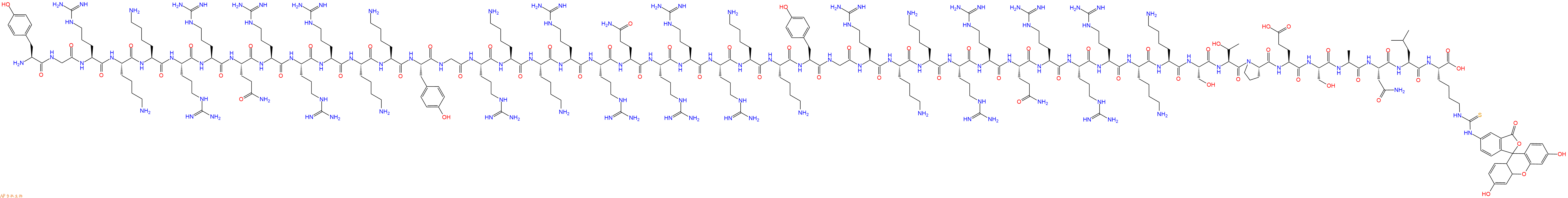 专肽生物产品H2N-Tyr-Gly-Arg-Lys-Lys-Arg-Arg-Gln-Arg-Arg-Arg-Lys-Lys-Tyr-Gly-Arg-Lys-Lys-Arg-Arg-Gln-Arg-Arg-Arg-Lys-Lys-Tyr-Gly-Arg-Lys-Lys-Arg-Arg-Gln-Arg-Arg-Arg-Lys-Lys-Ser-Thr-Pro-Glu-Ser-Ala-Asn-Leu-Lys(FITC)-OH