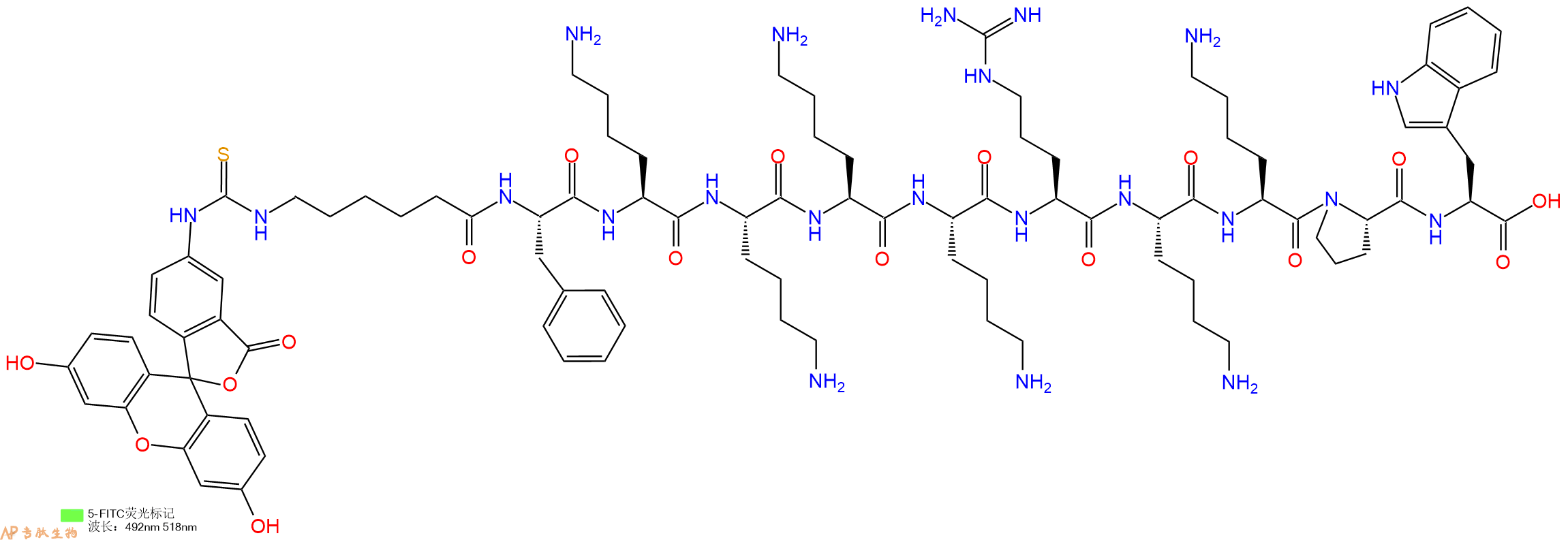 专肽生物产品5FITC-Ahx-Phe-Lys-Lys-Lys-Lys-Arg-Lys-Lys-Pro-Trp-OH