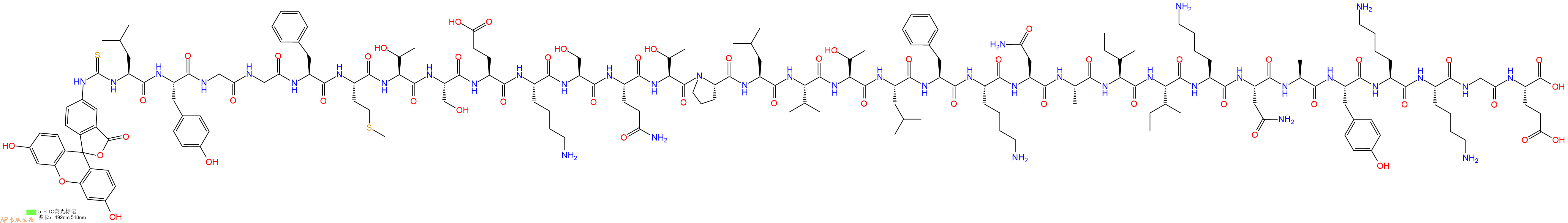 专肽生物产品5FITC-Leu-Tyr-Gly-Gly-Phe-Met-Thr-Ser-Glu-Lys-Ser-Gln-Thr-Pro-Leu-Val-Thr-Leu-Phe-Lys-Asn-Ala-Ile-Ile-Lys-Asn-Ala-Tyr-Lys-Lys-Gly-Glu-OH