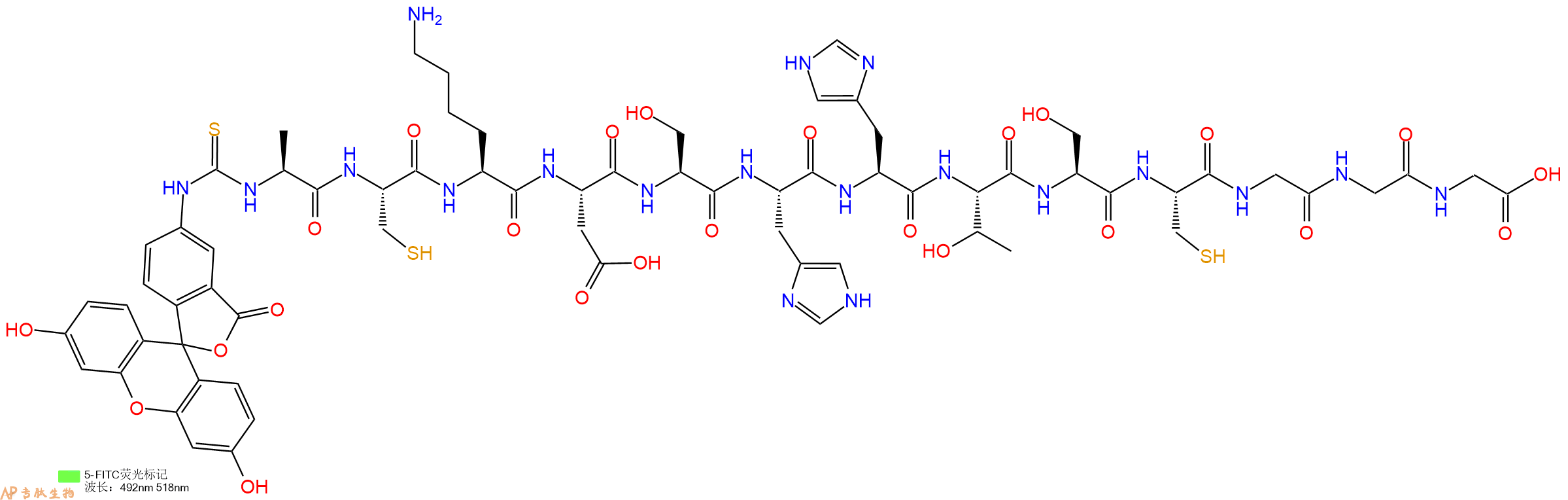 专肽生物产品5FITC-Ala-Cys-Lys-Asp-Ser-His-His-Thr-Ser-Cys-Gly-Gly-Gly-OH