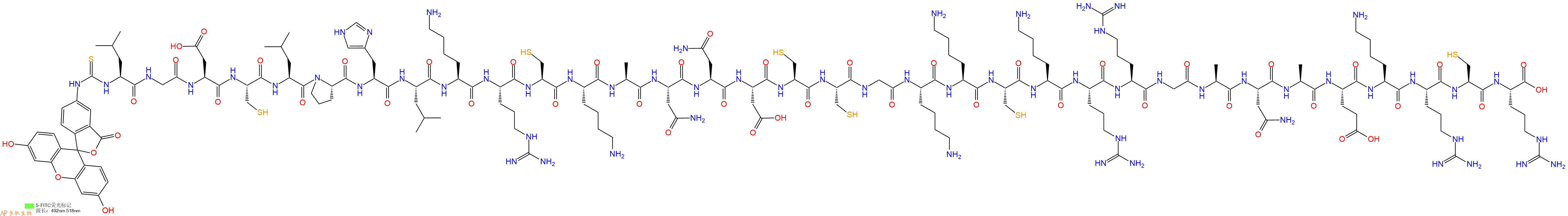 专肽生物产品5FITC-Leu-Gly-Asp-Cys-Leu-Pro-His-Leu-Lys-Arg-Cys-Lys-Ala-Asn-Asn-Asp-Cys-Cys-Gly-Lys-Lys-Cys-Lys-Arg-Arg-Gly-Ala-Asn-Ala-Glu-Lys-Arg-Cys-Arg-OH