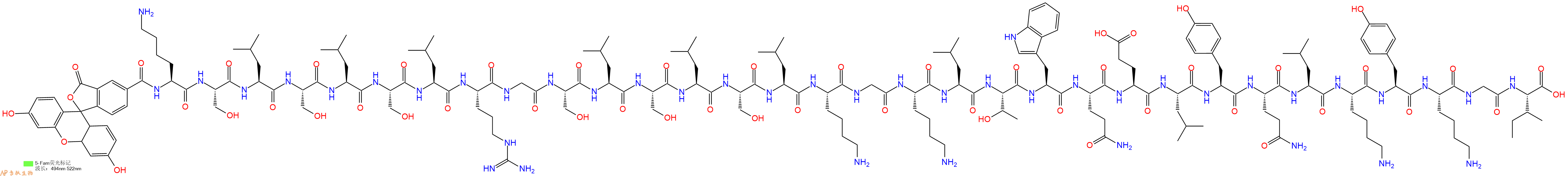 专肽生物产品5FAM-Lys-Ser-Leu-Ser-Leu-Ser-Leu-Arg-Gly-Ser-Leu-Ser-Leu-Ser-Leu-Lys-Gly-Lys-Leu-Thr-Trp-Gln-Glu-Leu-Tyr-Gln-Leu-Lys-Tyr-Lys-Gly-Ile-OH