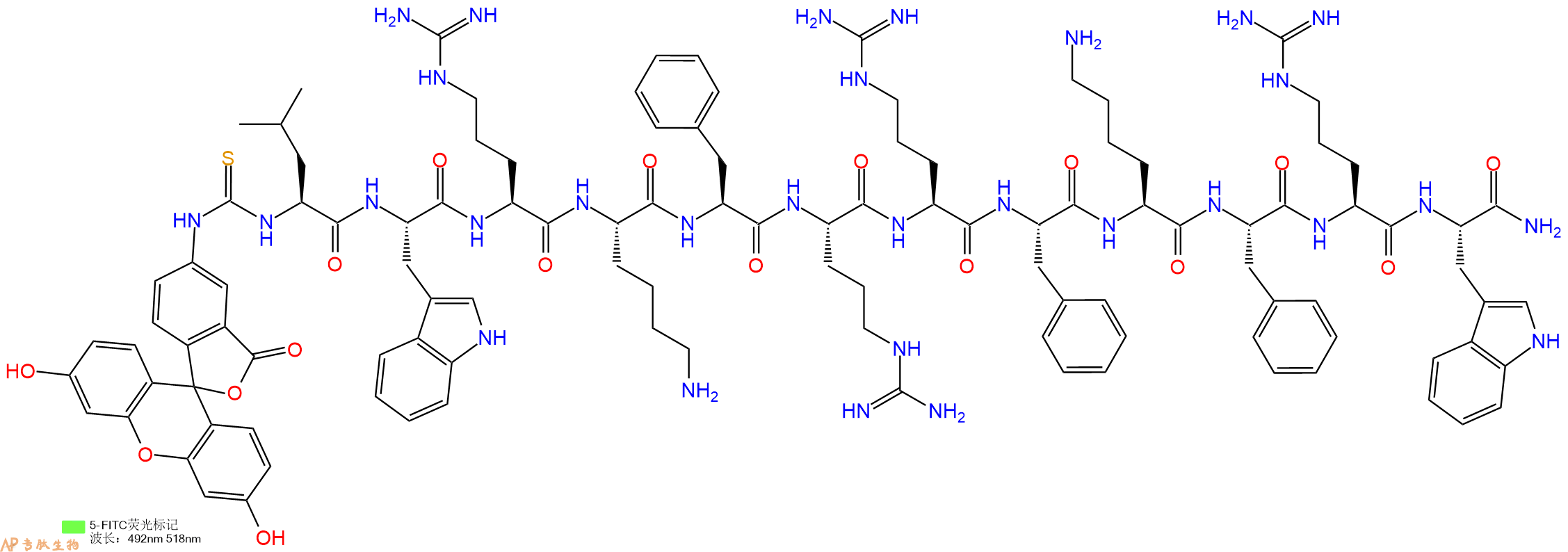 专肽生物产品5FITC-Leu-Trp-Arg-Lys-Phe-Arg-Arg-Phe-Lys-Phe-Arg-Trp-CONH2