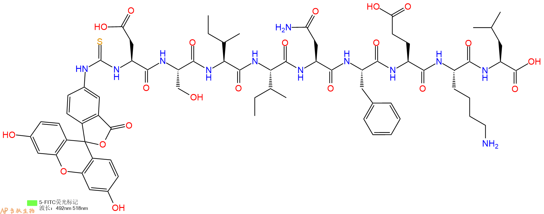 专肽生物产品5FITC-Asp-Ser-Ile-Ile-Asn-Phe-Glu-Lys-Leu-OH