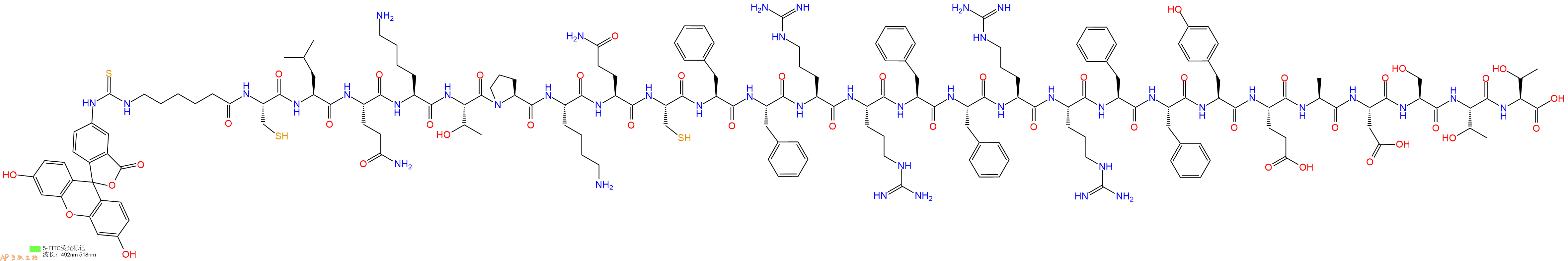 专肽生物产品5FITC-Ahx-Cys-Leu-Gln-Lys-Thr-Pro-Lys-Gln-Cys-Phe-Phe-Arg-Arg-Phe-Phe-Arg-Arg-Phe-Phe-Tyr-Glu-Ala-Asp-Ser-Thr-Thr-OH