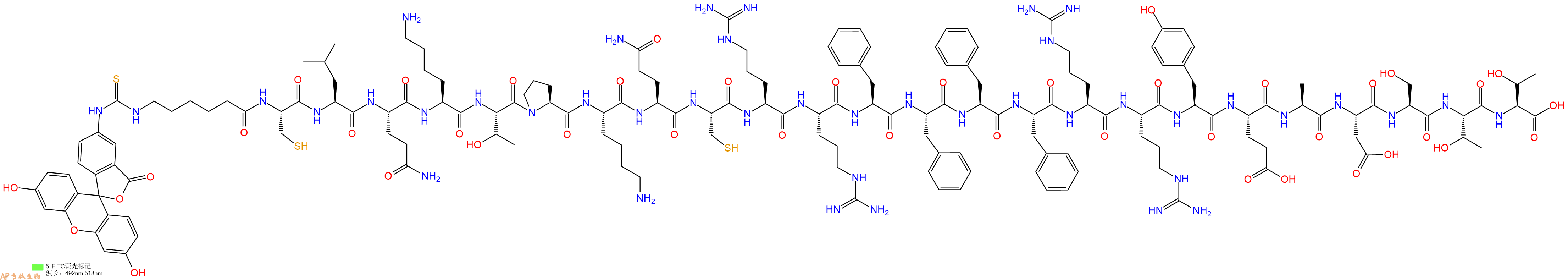 专肽生物产品5FITC-Ahx-Cys-Leu-Gln-Lys-Thr-Pro-Lys-Gln-Cys-Arg-Arg-Phe-Phe-Phe-Phe-Arg-Arg-Tyr-Glu-Ala-Asp-Ser-Thr-Thr-OH