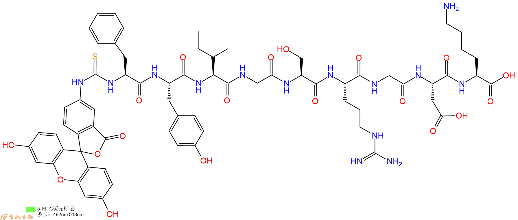 专肽生物产品5FITC-Phe-Tyr-Ile-Gly-Ser-Arg-Gly-Asp-Lys-OH