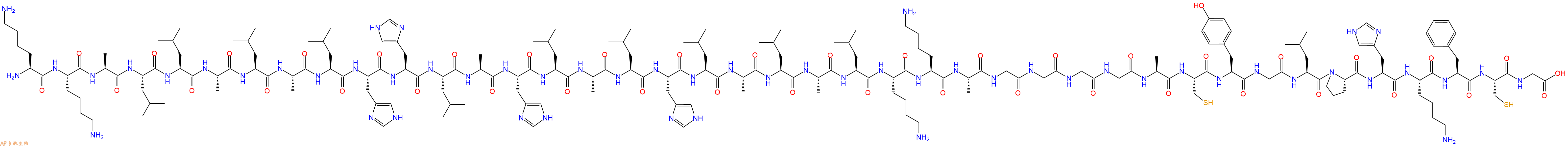 专肽生物产品H2N-Lys-Lys-Ala-Leu-Leu-Ala-Leu-Ala-Leu-His-His-Leu-Ala-His-Leu-Ala-Leu-His-Leu-Ala-Leu-Ala-Leu-Lys-Lys-Ala-Gly-Gly-Gly-Gly-Ala-Cys-Tyr-Gly-Leu-Pro-His-Lys-Phe-Cys-Gly-OH