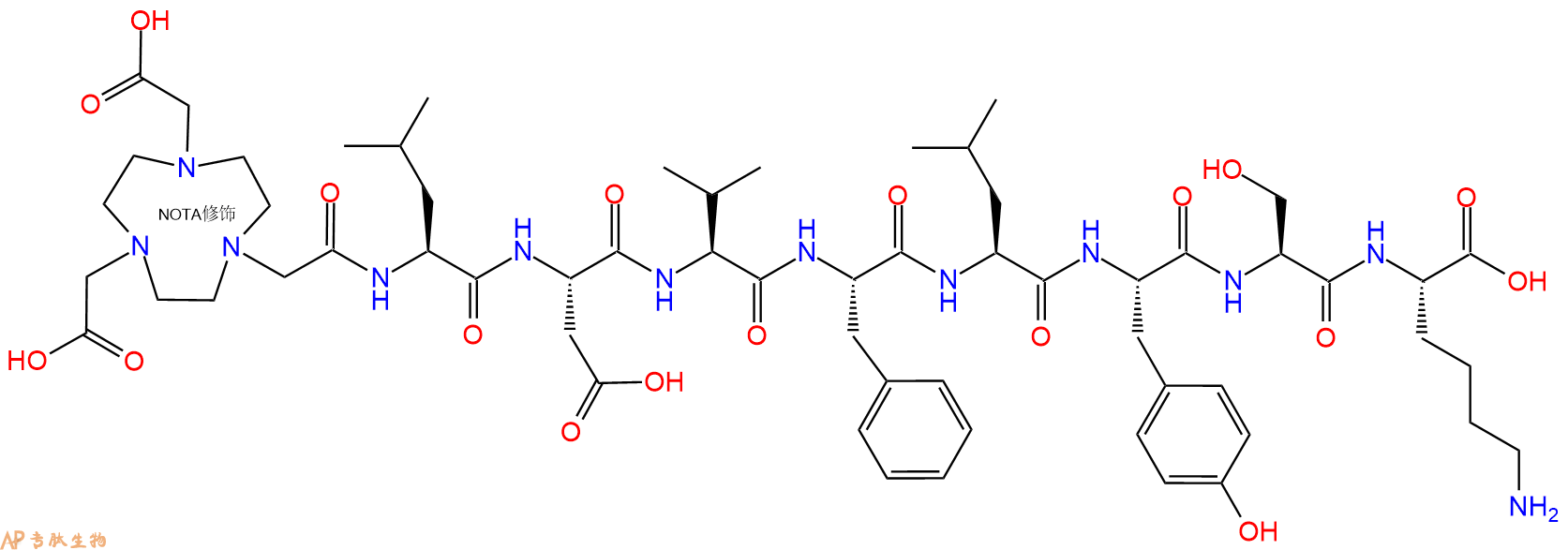 专肽生物产品NOTA-Leu-Asp-Val-Phe-Leu-Tyr-Ser-Lys-OH
