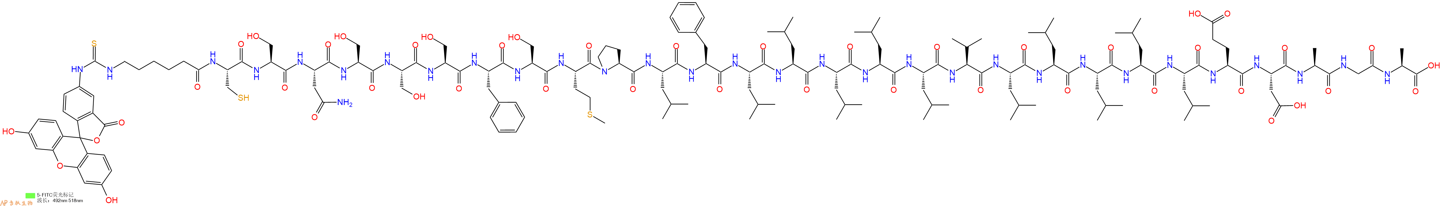 专肽生物产品5FITC-Ahx-Cys-Ser-Asn-Ser-Ser-Ser-Phe-Ser-Met-Pro-Leu-Phe-Leu-Leu-Leu-Leu-Leu-Val-Leu-Leu-Leu-Leu-Leu-Glu-Asp-Ala-Gly-Ala-OH