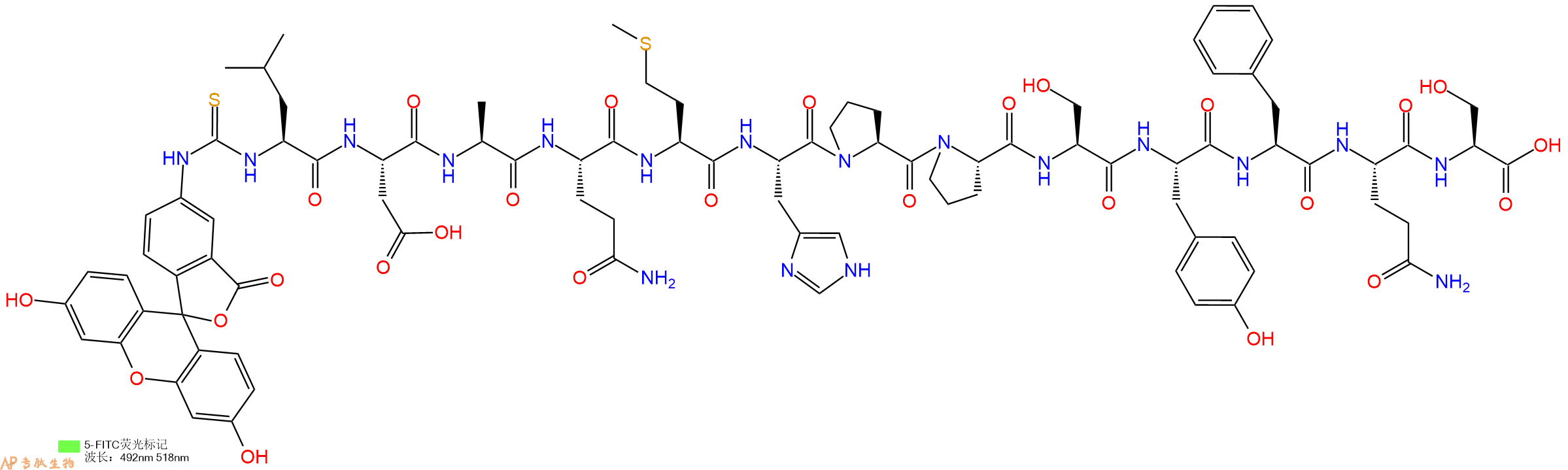 专肽生物产品5FITC-Leu-Asp-Ala-Gln-Met-His-Pro-Pro-Ser-Tyr-Phe-Gln-Ser-OH