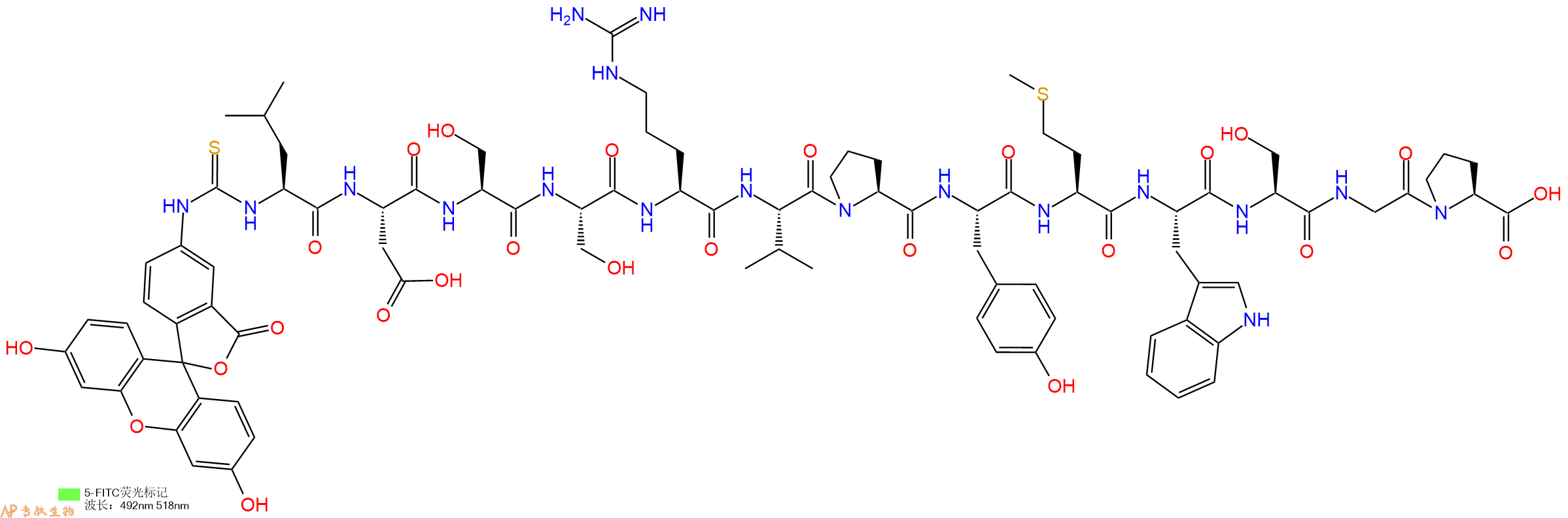 专肽生物产品5FITC-Leu-Asp-Ser-Ser-Arg-Val-Pro-Tyr-Met-Trp-Ser-Gly-Pro-OH