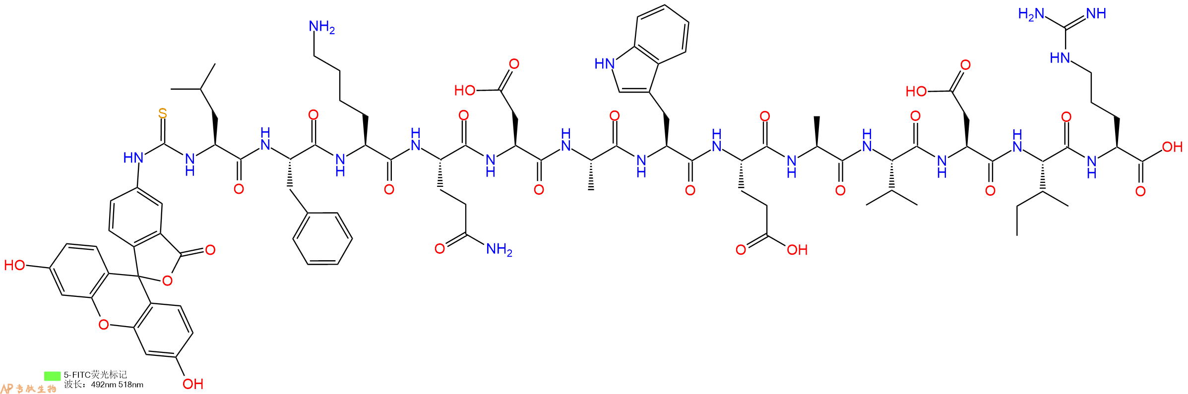 专肽生物产品5FITC-Leu-Phe-Lys-Gln-Asp-Ala-Trp-Glu-Ala-Val-Asp-Ile-Arg-OH