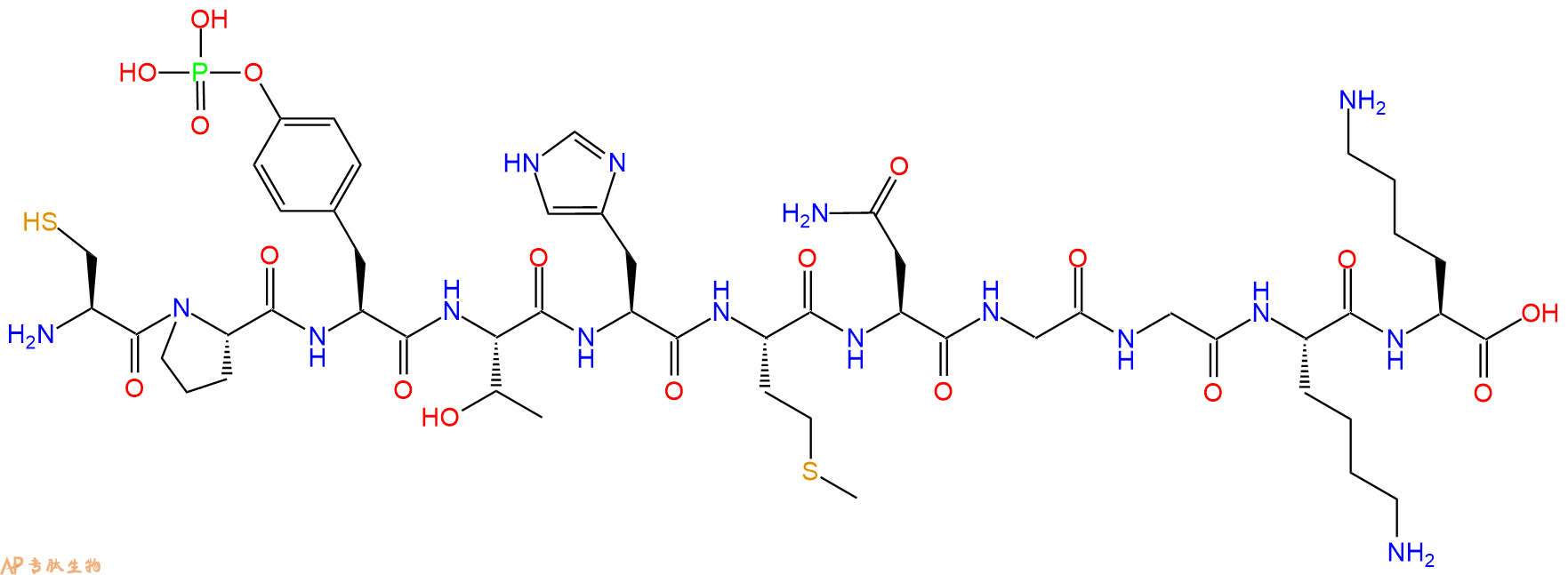 专肽生物产品H2N-Cys-Pro-Tyr(PO3H2)-Thr-His-Met-Asn-Gly-Gly-Lys-Lys-OH