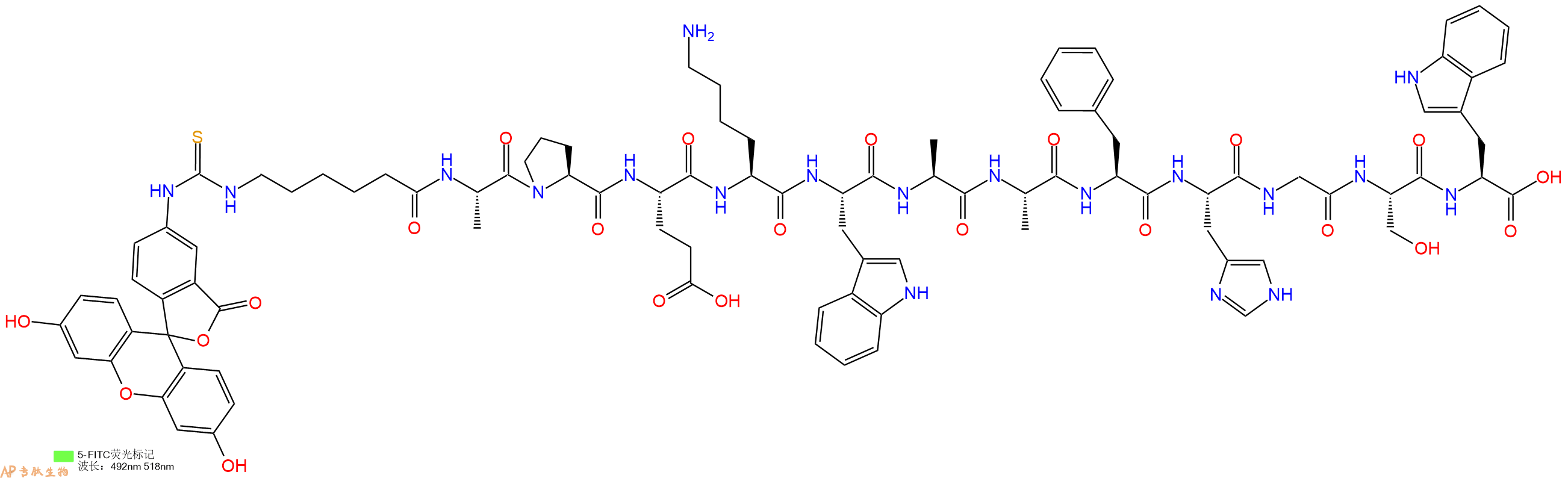 专肽生物产品5FITC-Ahx-Ala-Pro-Glu-Lys-Trp-Ala-Ala-Phe-His-Gly-Ser-Trp-OH