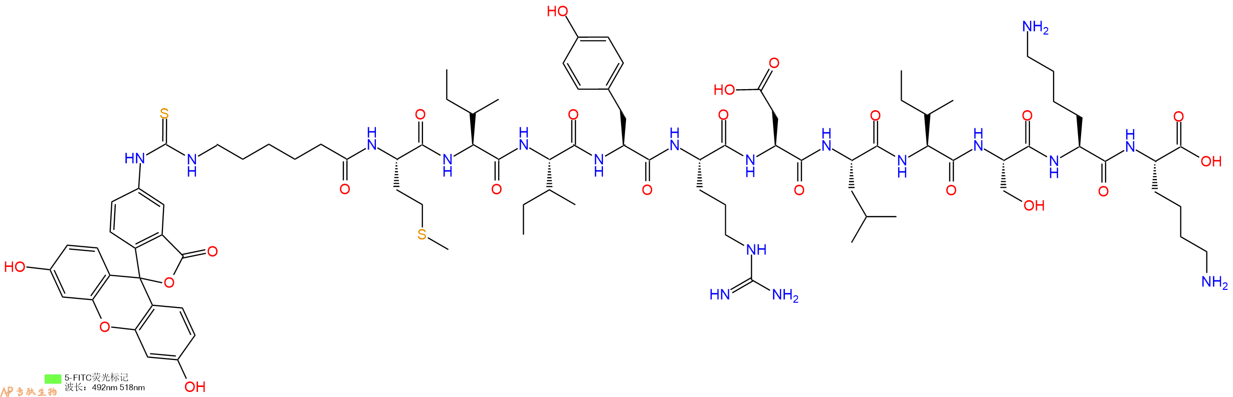 专肽生物产品5FITC-Ahx-Met-Ile-Ile-Tyr-Arg-Asp-Leu-Ile-Ser-Lys-Lys-OH
