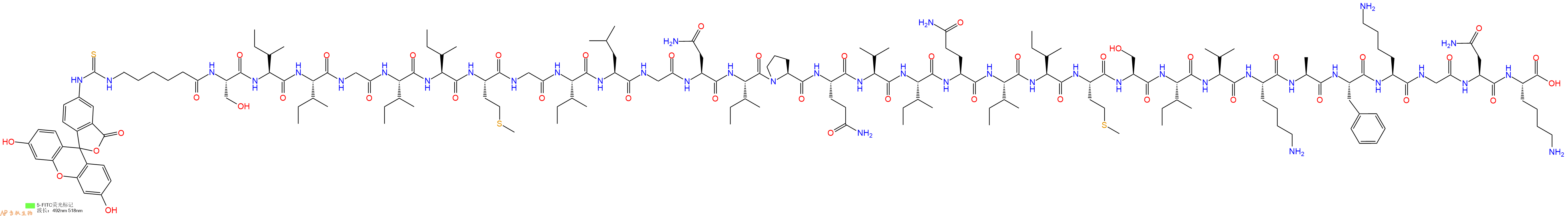 专肽生物产品5FITC-Ahx-Ser-Ile-Ile-Gly-Ile-Ile-Met-Gly-Ile-Leu-Gly-Asn-Ile-Pro-Gln-Val-Ile-Gln-Ile-Ile-Met-Ser-Ile-Val-Lys-Ala-Phe-Lys-Gly-Asn-Lys-OH