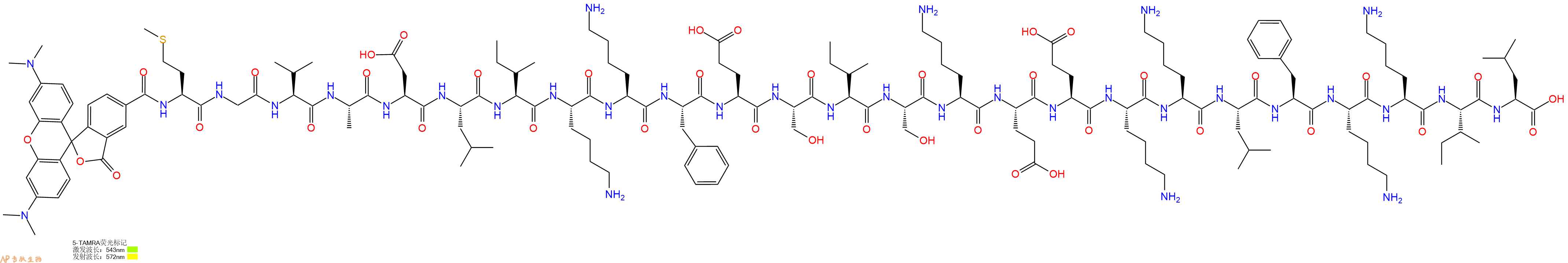 专肽生物产品5TAMRA-Met-Gly-Val-Ala-Asp-Leu-Ile-Lys-Lys-Phe-Glu-Ser-Ile-Ser-Lys-Glu-Glu-Lys-Lys-Leu-Phe-Lys-Lys-Ile-Leu-OH