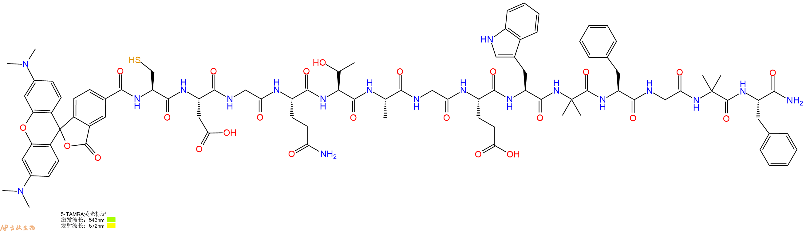 专肽生物产品5TAMRA-Cys-Asp-Gly-Gln-Thr-Ala-Gly-Glu-Trp-Aib-Phe-Gly-Aib-Phe-CONH2